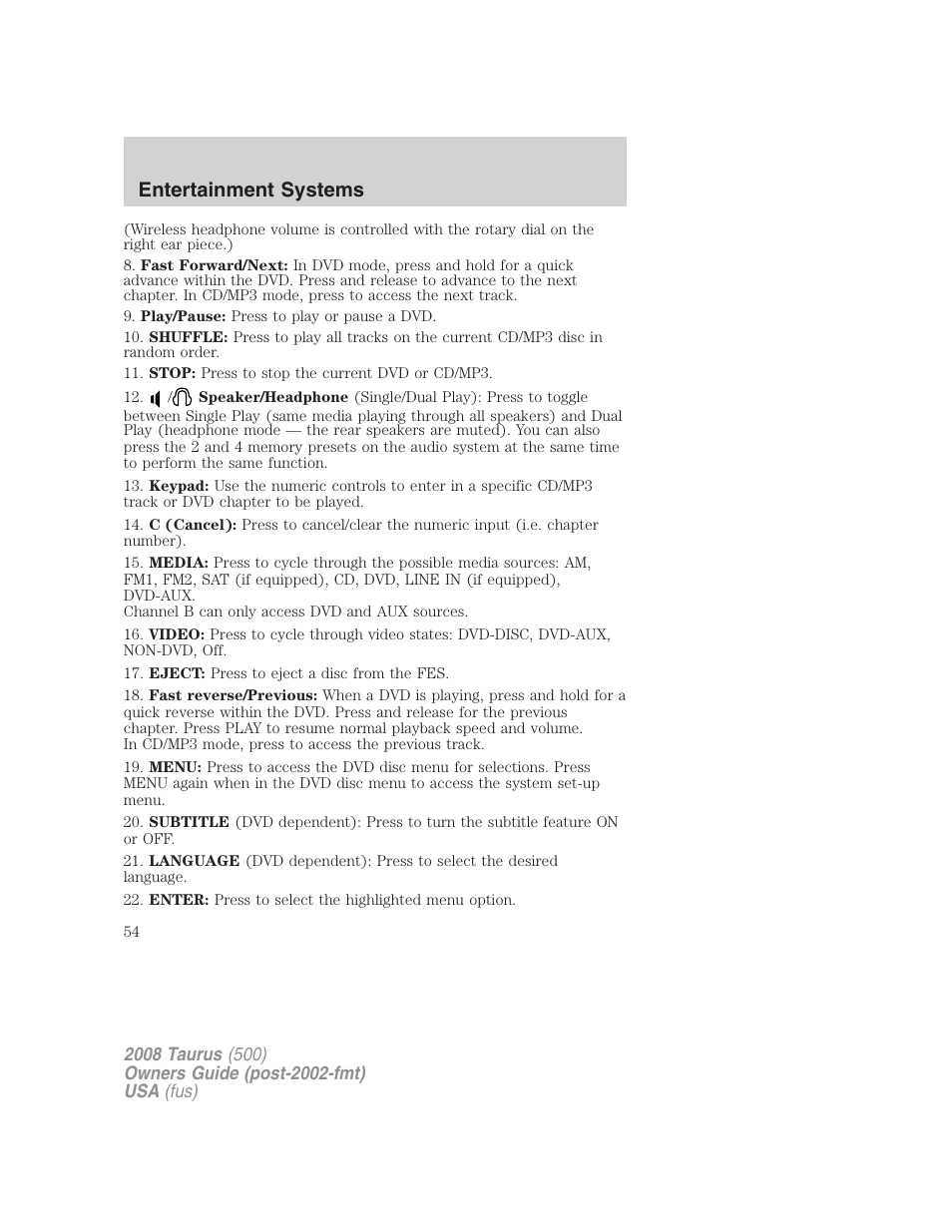 Entertainment systems | FORD 2008 Taurus v.2 User Manual | Page 54 / 328