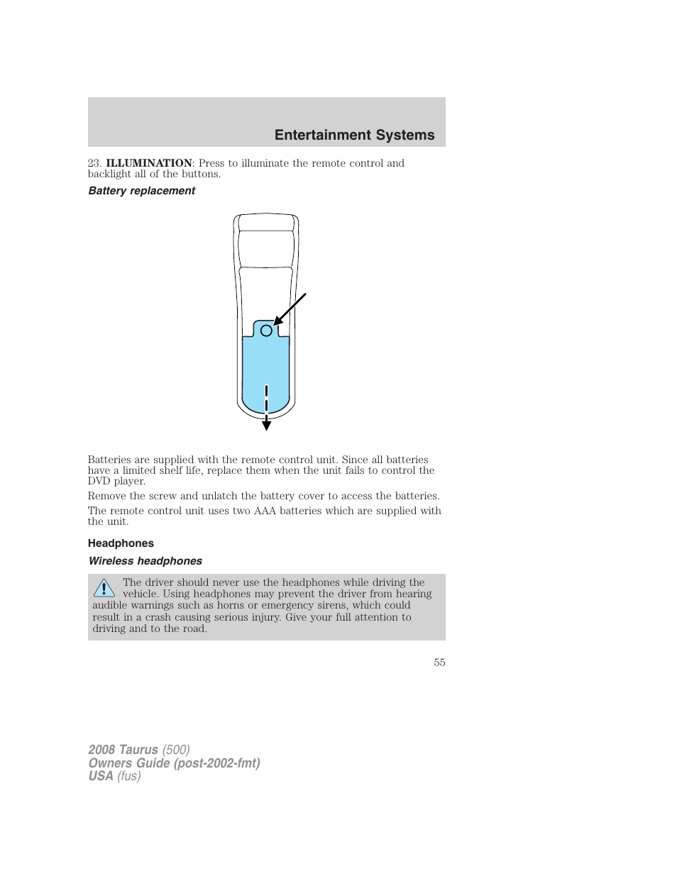 Battery replacement, Headphones, Wireless headphones | Entertainment systems | FORD 2008 Taurus v.2 User Manual | Page 55 / 328