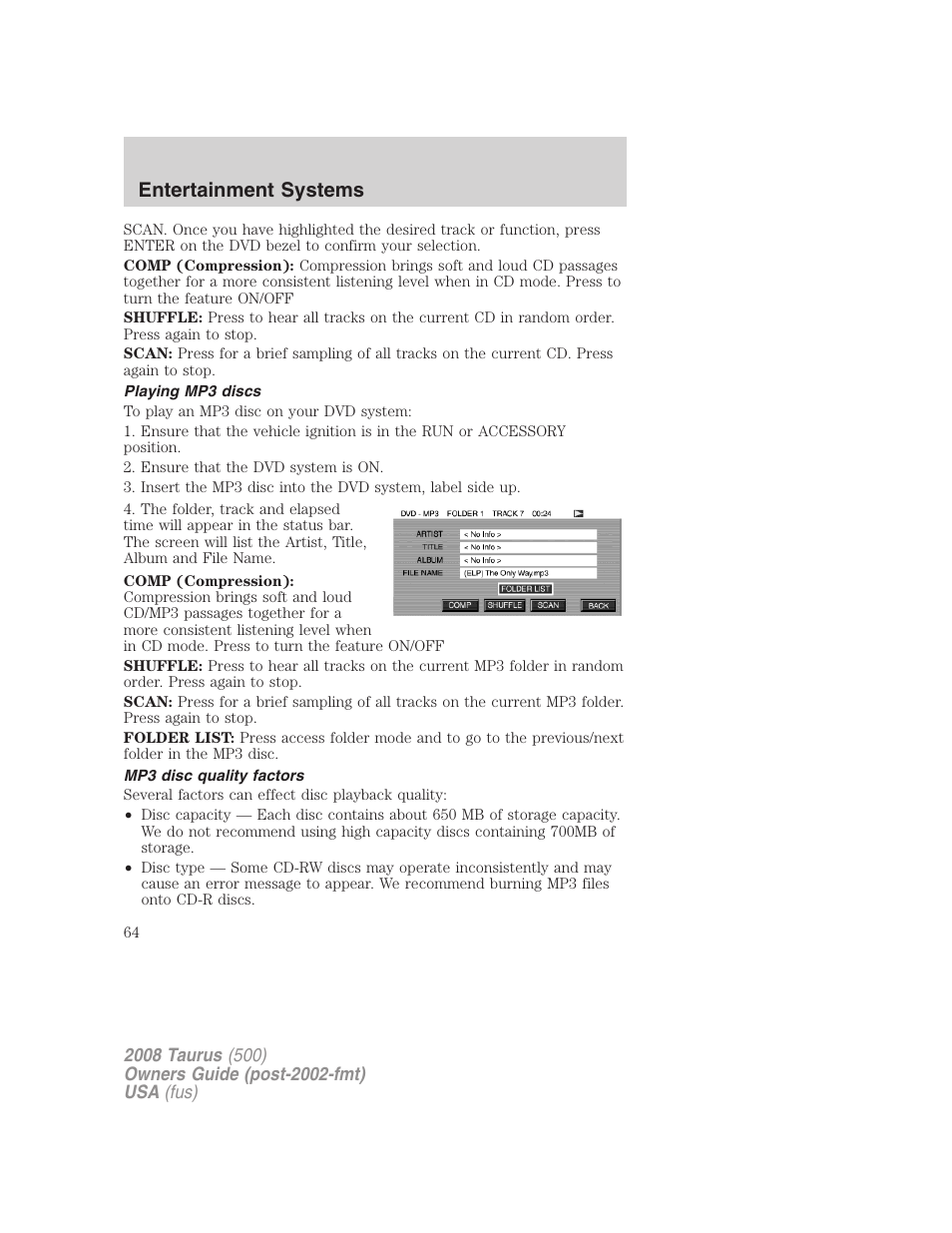 Playing mp3 discs, Mp3 disc quality factors, Entertainment systems | FORD 2008 Taurus v.2 User Manual | Page 64 / 328