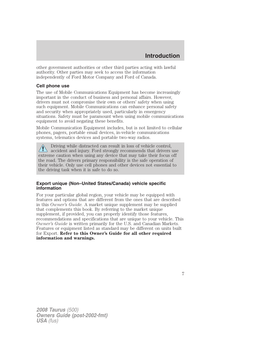 Cell phone use, Introduction | FORD 2008 Taurus v.2 User Manual | Page 7 / 328