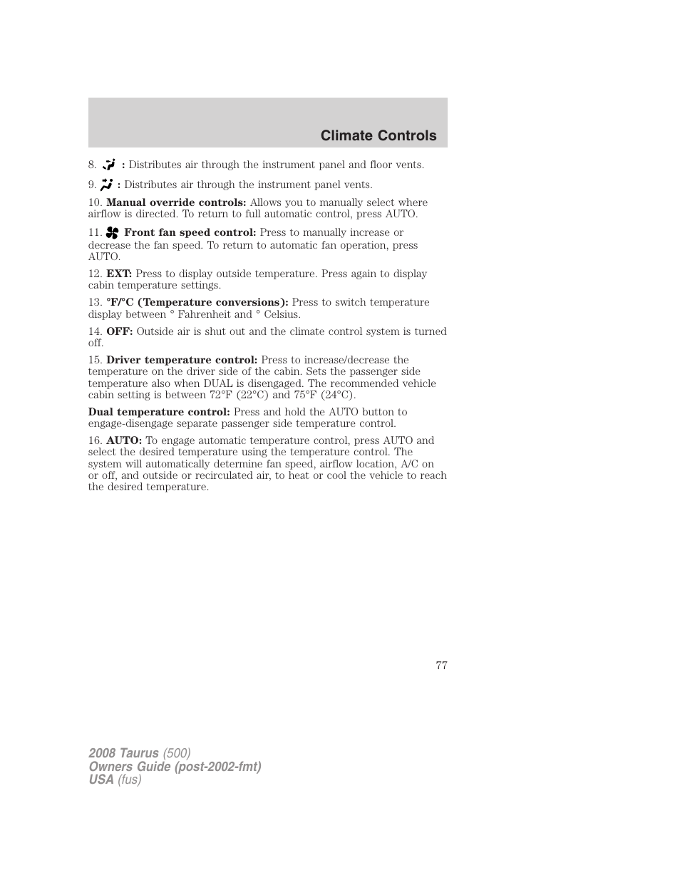 Climate controls | FORD 2008 Taurus v.2 User Manual | Page 77 / 328