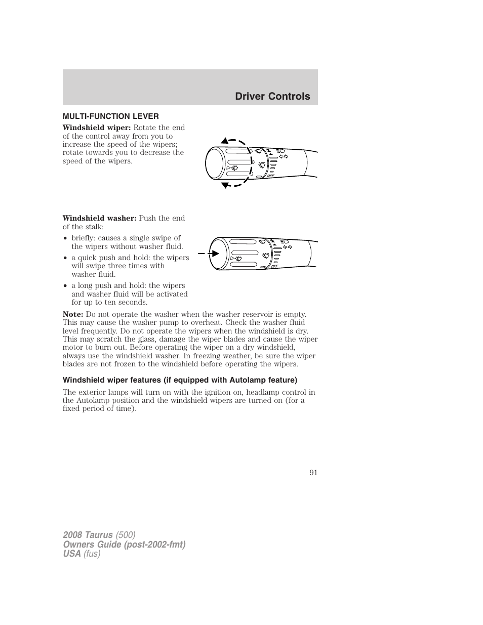 Driver controls, Multi-function lever, Windshield wiper/washer control | FORD 2008 Taurus v.2 User Manual | Page 91 / 328