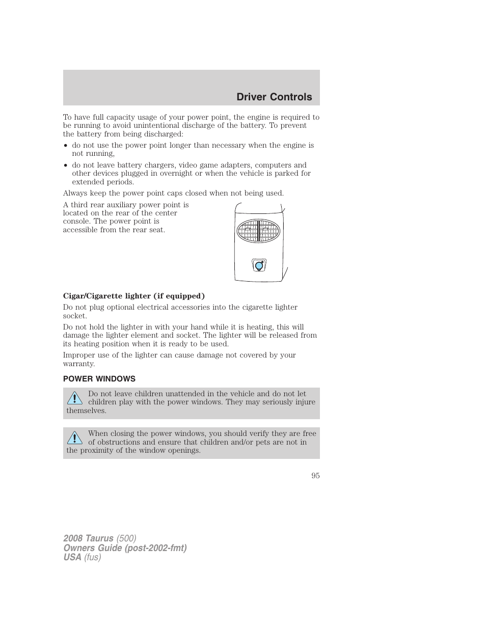 Power windows, Driver controls | FORD 2008 Taurus v.2 User Manual | Page 95 / 328