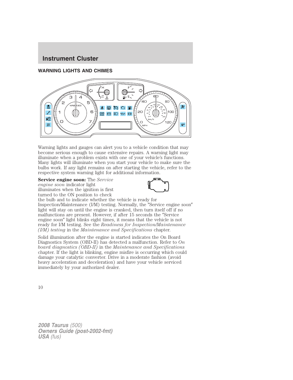 Instrument cluster, Warning lights and chimes | FORD 2008 Taurus v.3 User Manual | Page 10 / 328