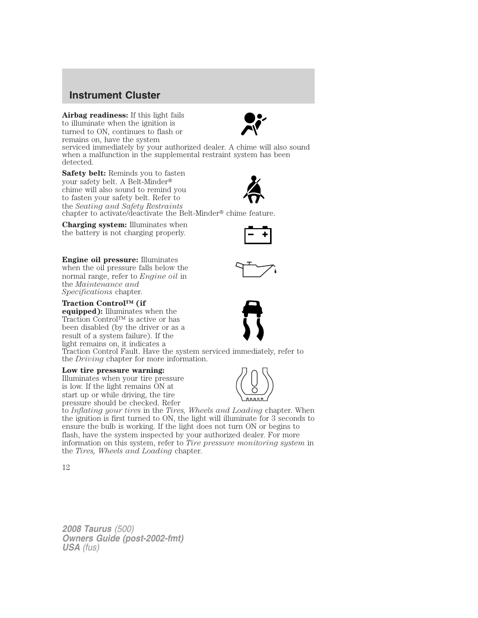 Instrument cluster | FORD 2008 Taurus v.3 User Manual | Page 12 / 328