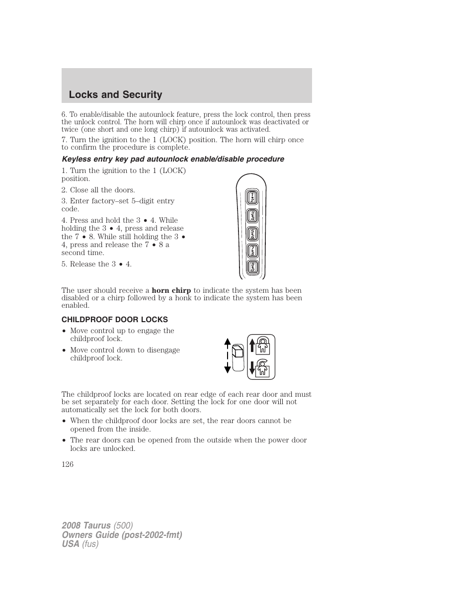 Childproof door locks, Locks and security | FORD 2008 Taurus v.3 User Manual | Page 126 / 328