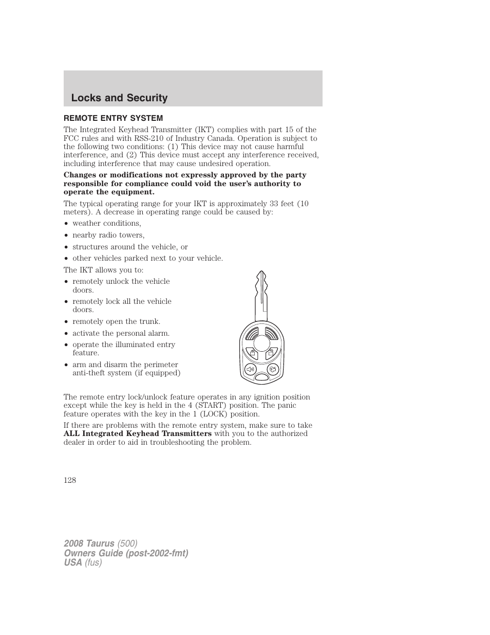 Remote entry system, Locks and security | FORD 2008 Taurus v.3 User Manual | Page 128 / 328