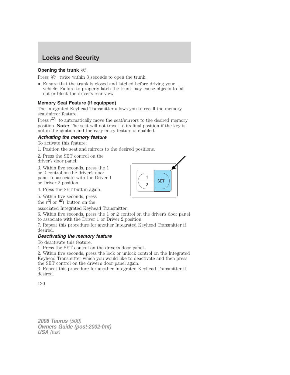 Locks and security | FORD 2008 Taurus v.3 User Manual | Page 130 / 328
