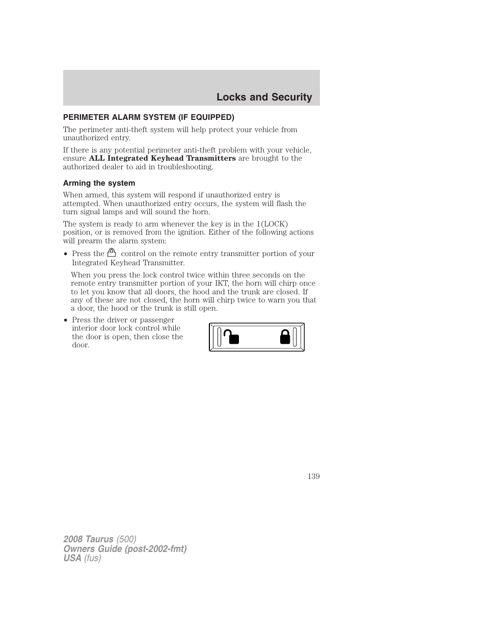 Perimeter alarm system (if equipped), Arming the system, Locks and security | FORD 2008 Taurus v.3 User Manual | Page 139 / 328