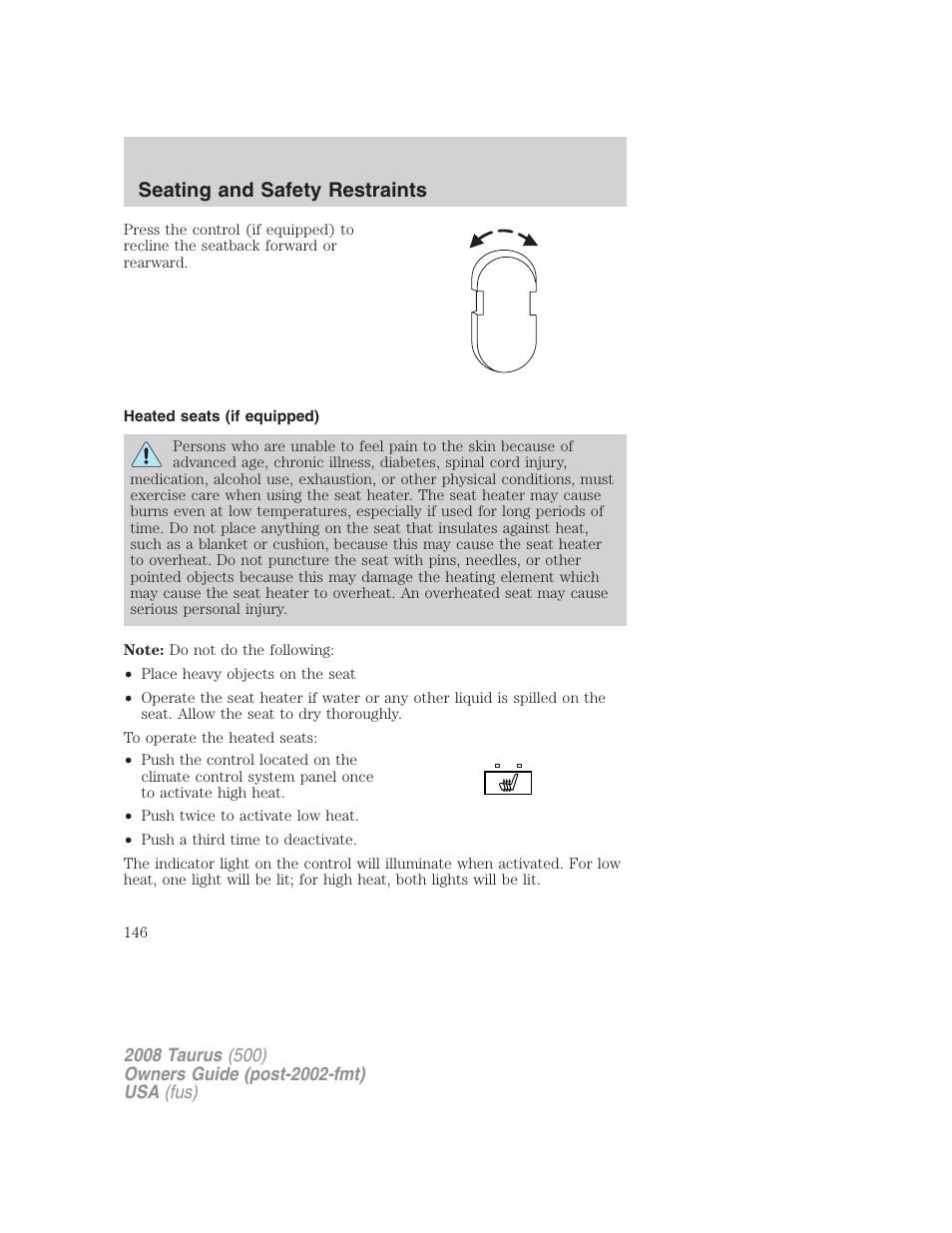 Heated seats (if equipped), Seating and safety restraints | FORD 2008 Taurus v.3 User Manual | Page 146 / 328
