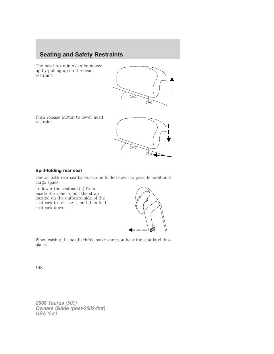 Split-folding rear seat, Seating and safety restraints | FORD 2008 Taurus v.3 User Manual | Page 148 / 328