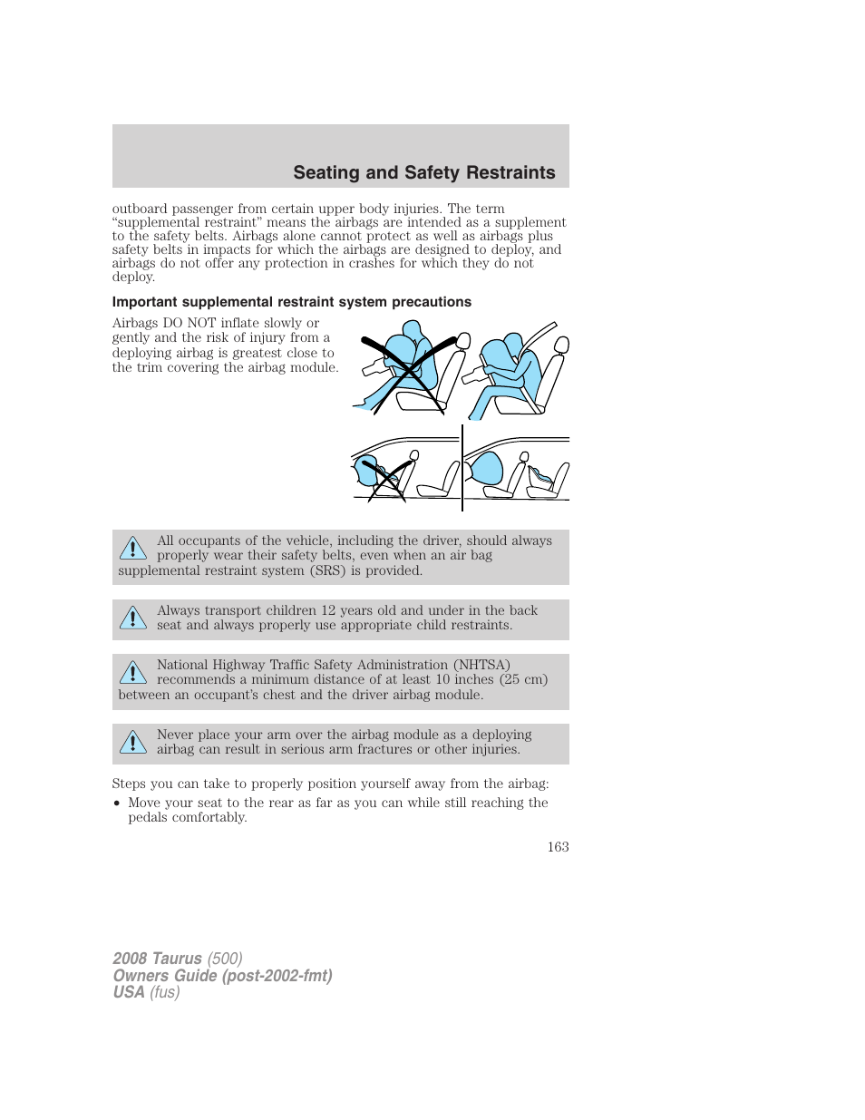 Seating and safety restraints | FORD 2008 Taurus v.3 User Manual | Page 163 / 328