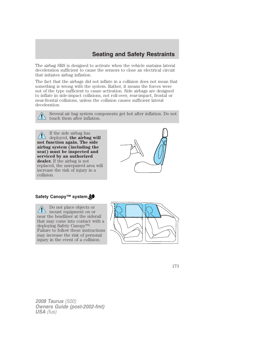 Safety canopy™ system, Seating and safety restraints | FORD 2008 Taurus v.3 User Manual | Page 173 / 328
