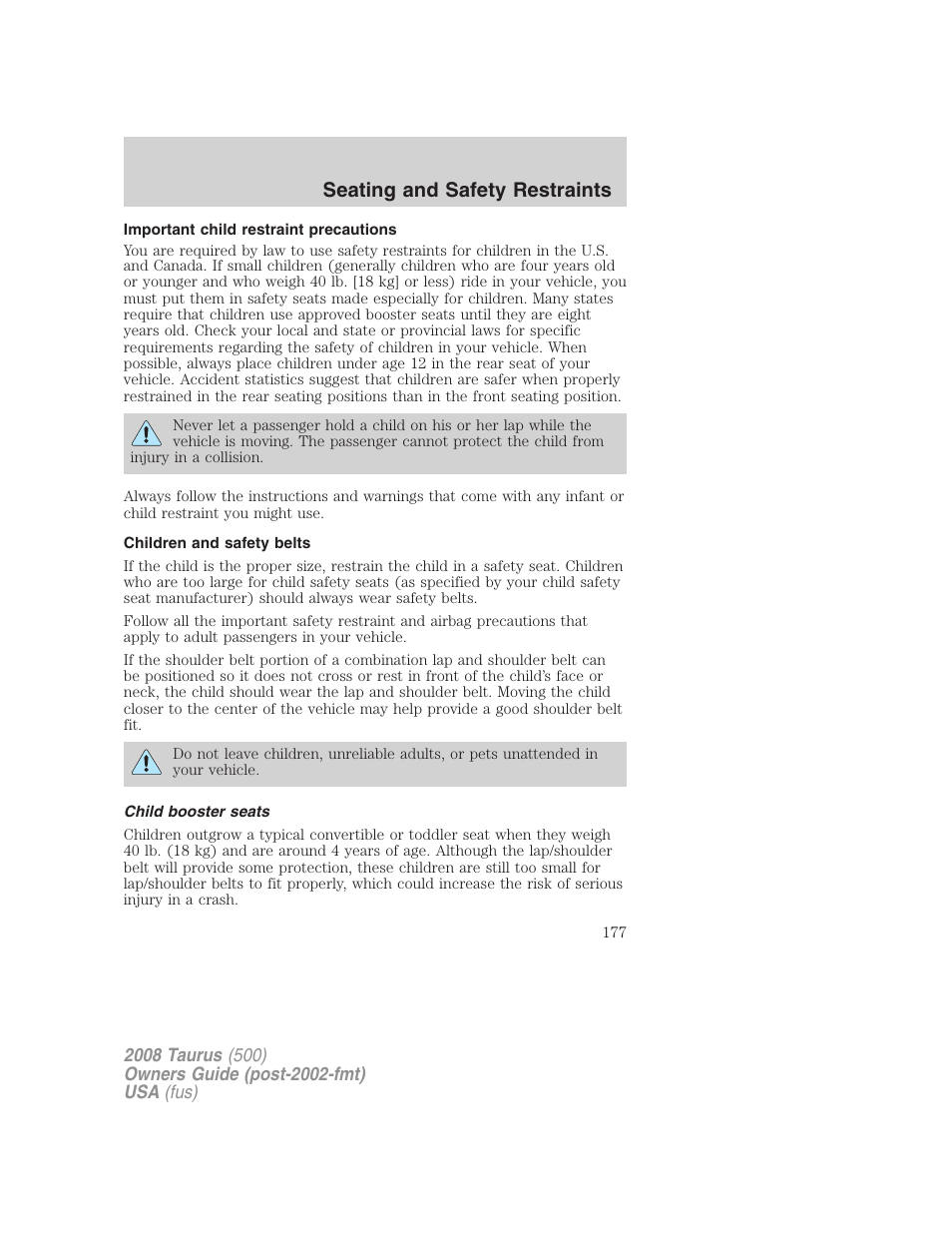 Important child restraint precautions, Children and safety belts, Child booster seats | Seating and safety restraints | FORD 2008 Taurus v.3 User Manual | Page 177 / 328
