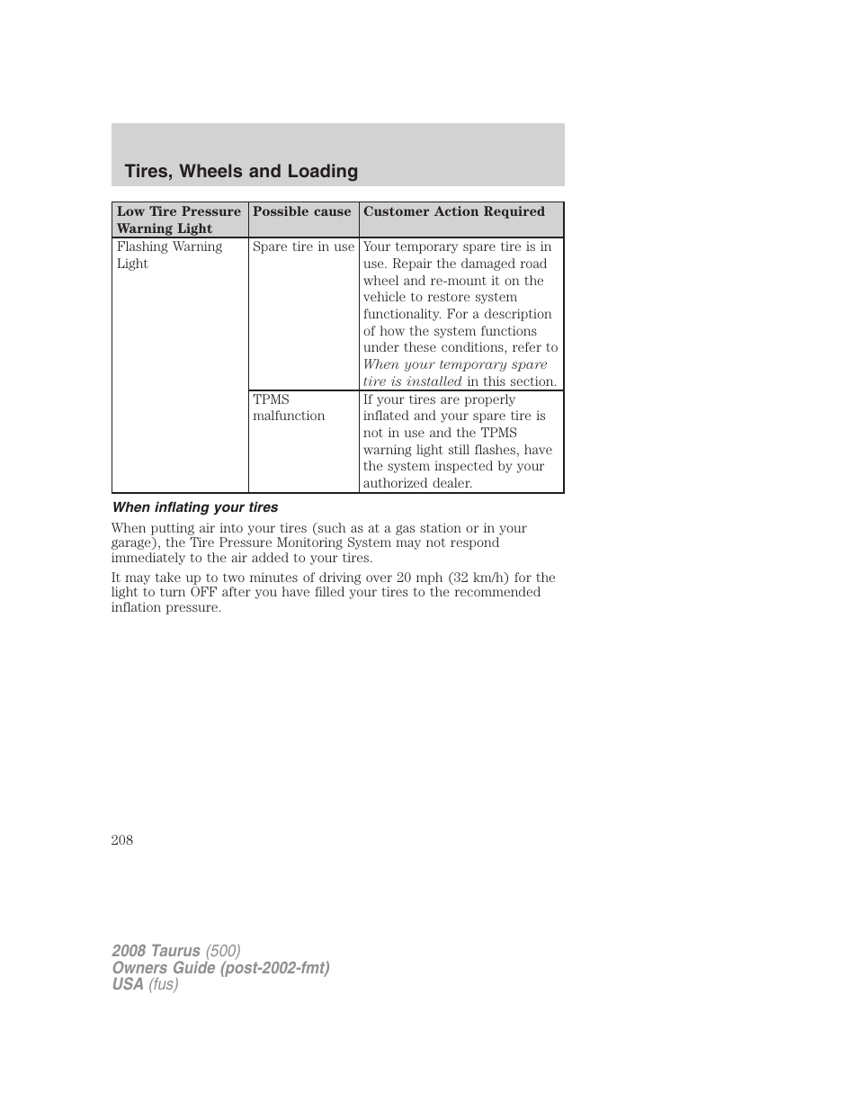 When inflating your tires, Tires, wheels and loading | FORD 2008 Taurus v.3 User Manual | Page 208 / 328