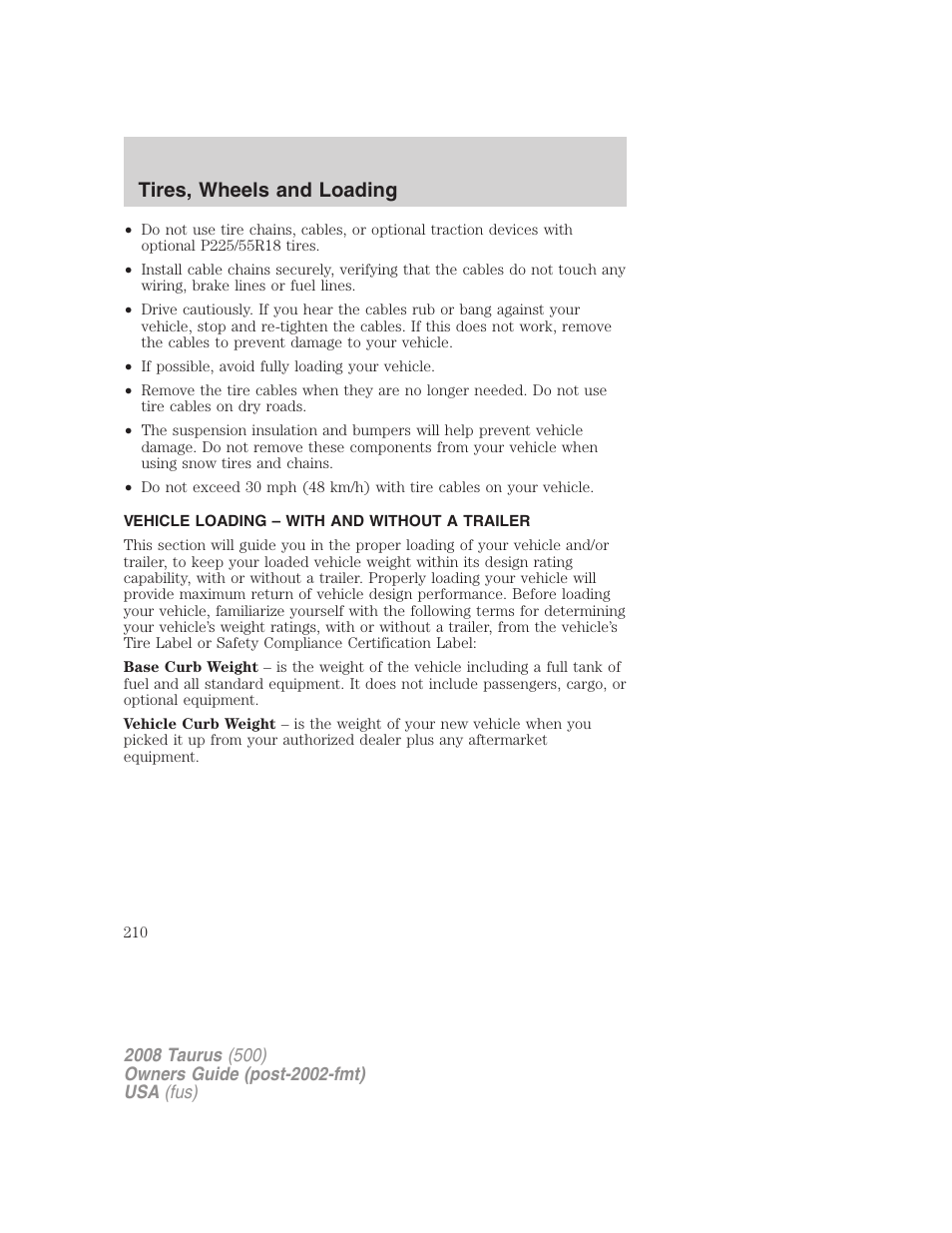 Vehicle loading – with and without a trailer, Vehicle loading, Tires, wheels and loading | FORD 2008 Taurus v.3 User Manual | Page 210 / 328