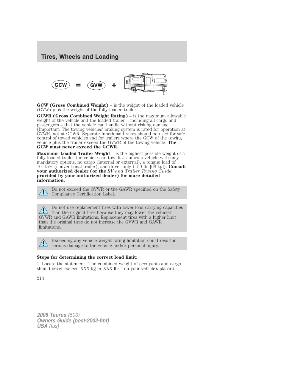 Tires, wheels and loading | FORD 2008 Taurus v.3 User Manual | Page 214 / 328