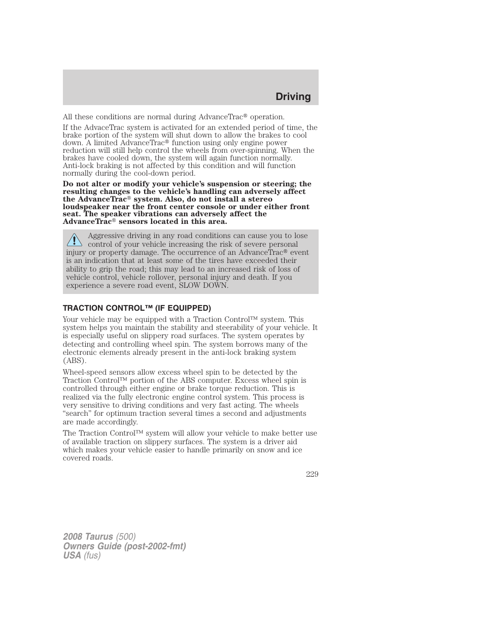 Traction control™ (if equipped), Traction control, Driving | FORD 2008 Taurus v.3 User Manual | Page 229 / 328