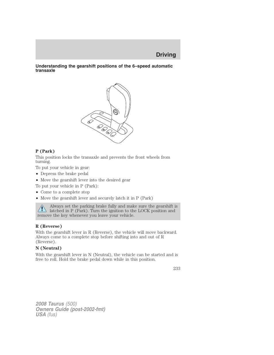 Driving | FORD 2008 Taurus v.3 User Manual | Page 233 / 328