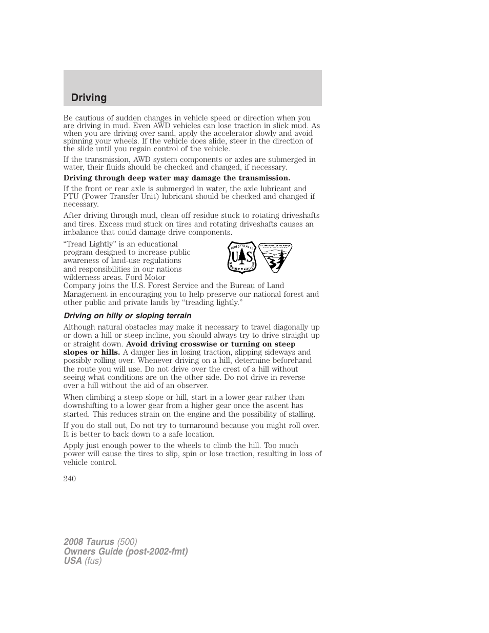 Driving on hilly or sloping terrain, Driving | FORD 2008 Taurus v.3 User Manual | Page 240 / 328