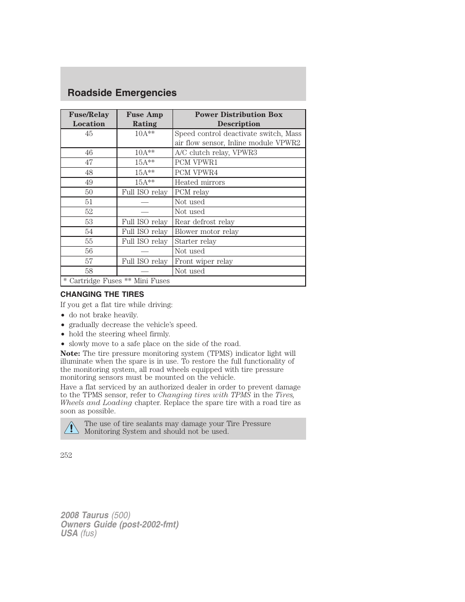 Changing the tires, Changing tires, Roadside emergencies | FORD 2008 Taurus v.3 User Manual | Page 252 / 328