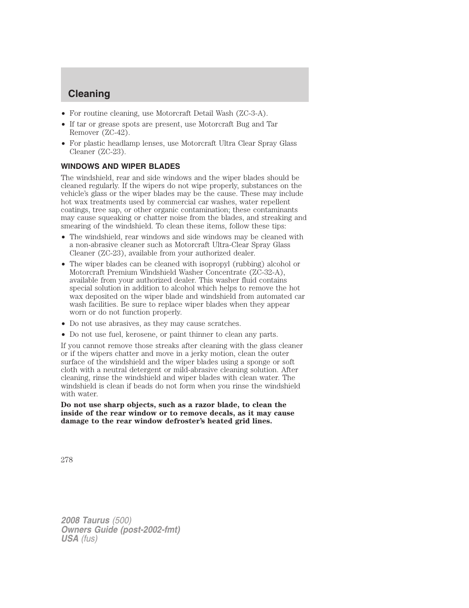 Windows and wiper blades, Cleaning | FORD 2008 Taurus v.3 User Manual | Page 278 / 328