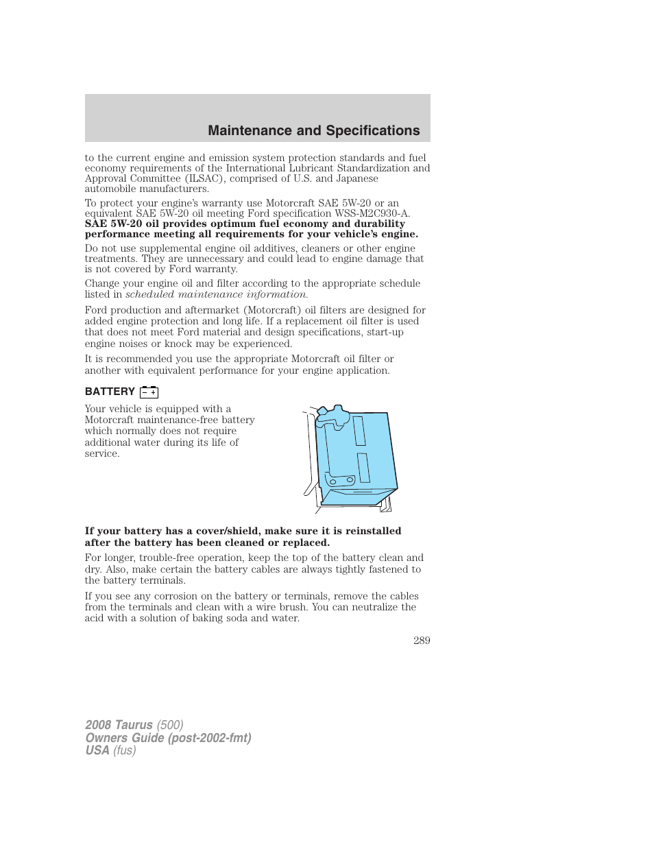 Battery, Maintenance and specifications | FORD 2008 Taurus v.3 User Manual | Page 289 / 328