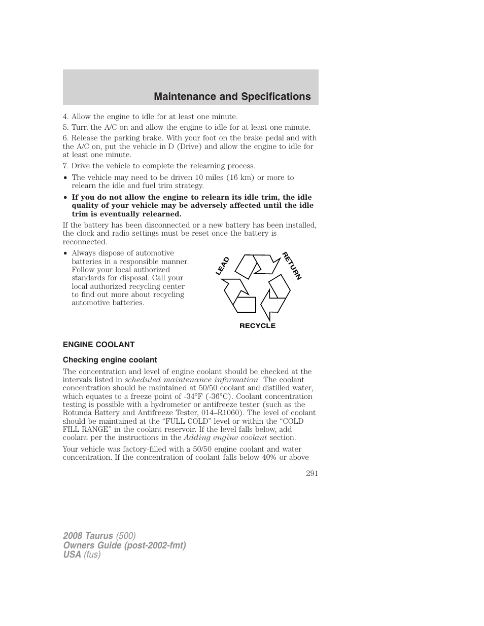 Engine coolant, Checking engine coolant, Maintenance and specifications | FORD 2008 Taurus v.3 User Manual | Page 291 / 328