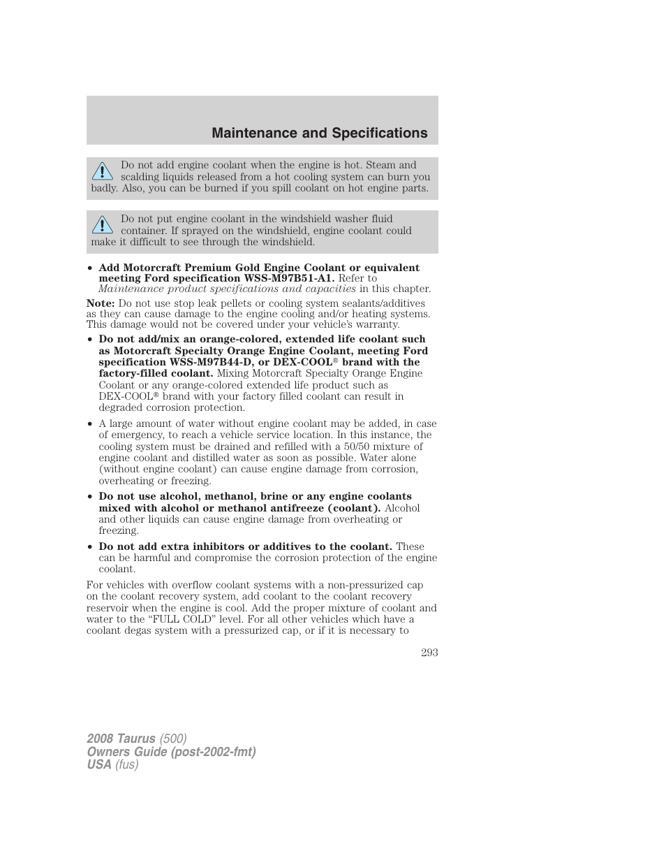 Maintenance and specifications | FORD 2008 Taurus v.3 User Manual | Page 293 / 328