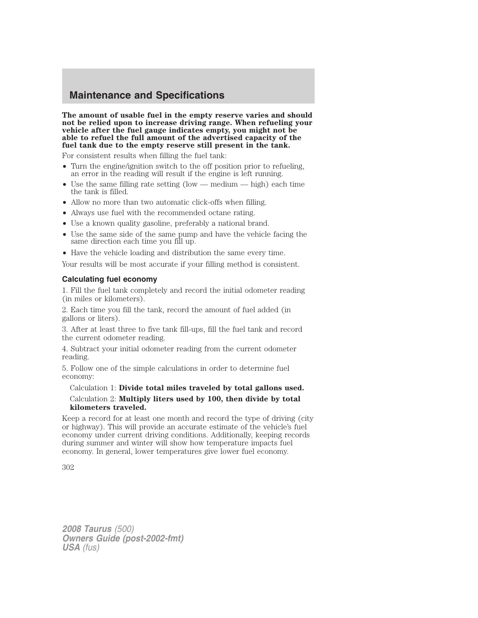 Calculating fuel economy, Maintenance and specifications | FORD 2008 Taurus v.3 User Manual | Page 302 / 328