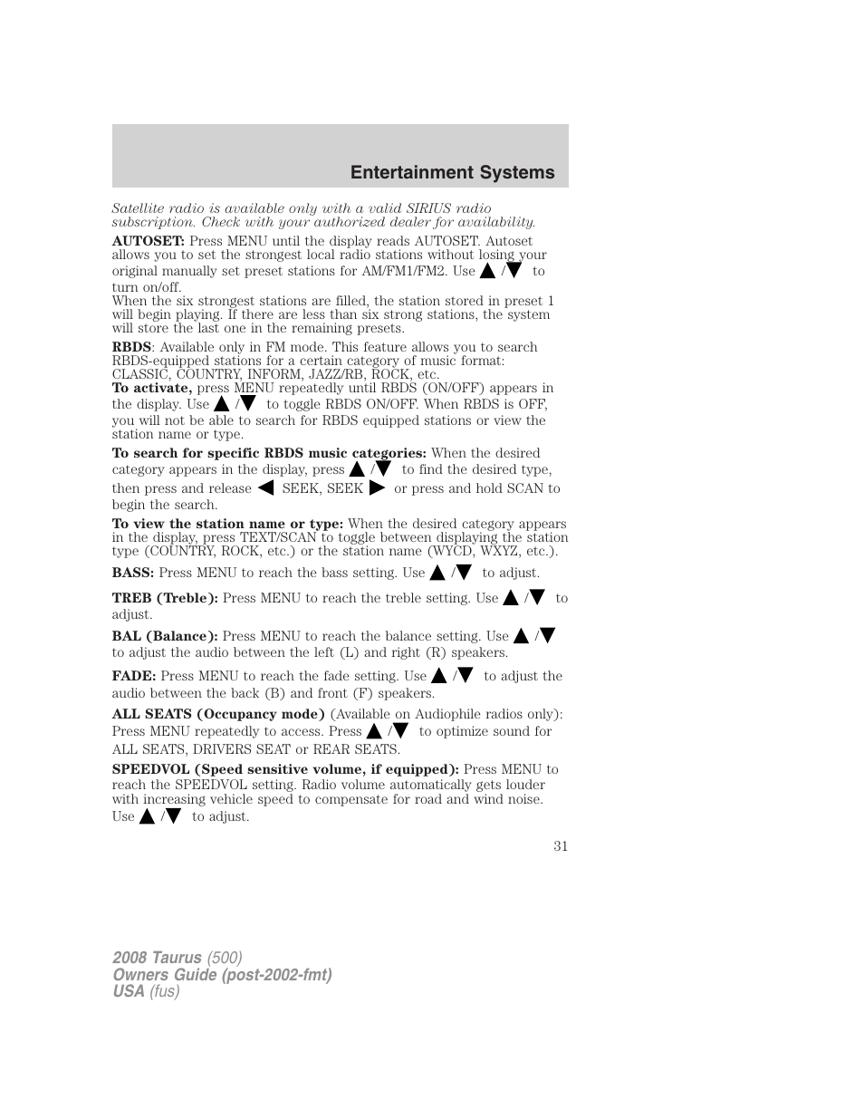 Entertainment systems | FORD 2008 Taurus v.3 User Manual | Page 31 / 328