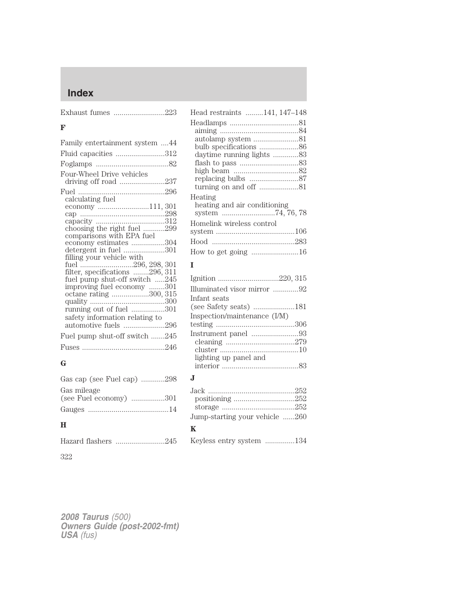 Index | FORD 2008 Taurus v.3 User Manual | Page 322 / 328