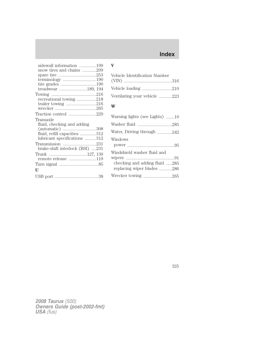 Index | FORD 2008 Taurus v.3 User Manual | Page 325 / 328