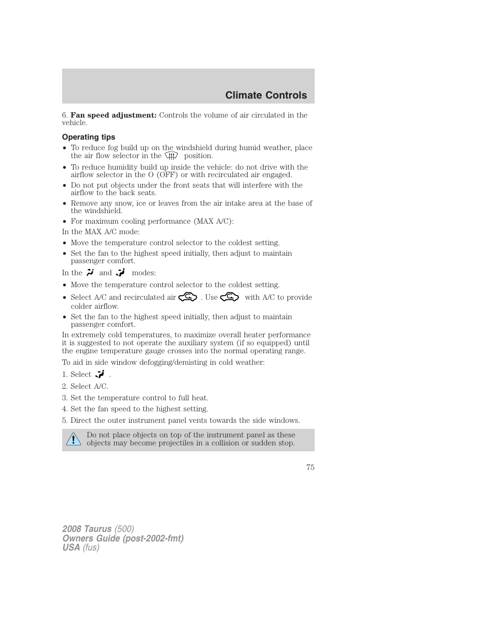 Operating tips, Climate controls | FORD 2008 Taurus v.3 User Manual | Page 75 / 328