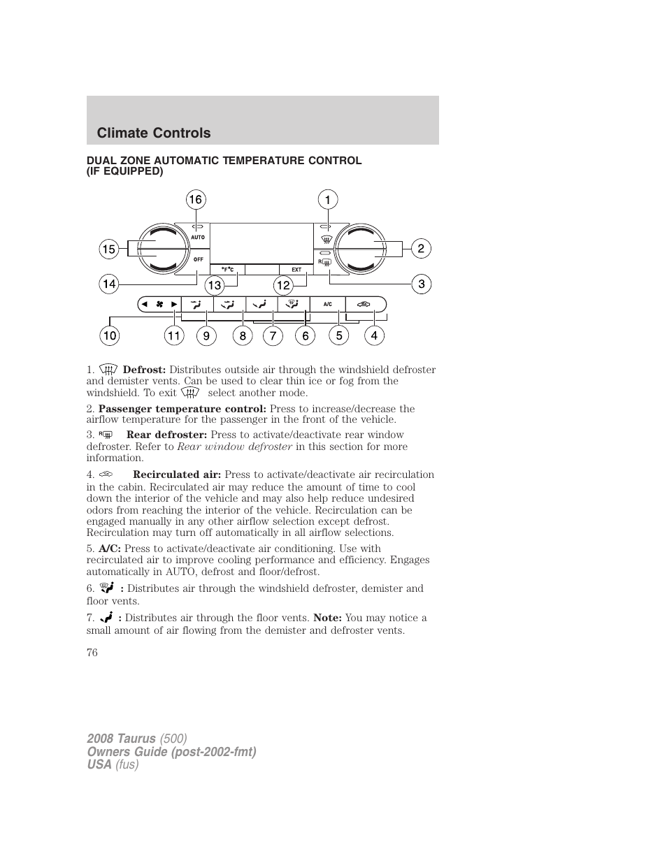 Automatic temperature control, Climate controls | FORD 2008 Taurus v.3 User Manual | Page 76 / 328