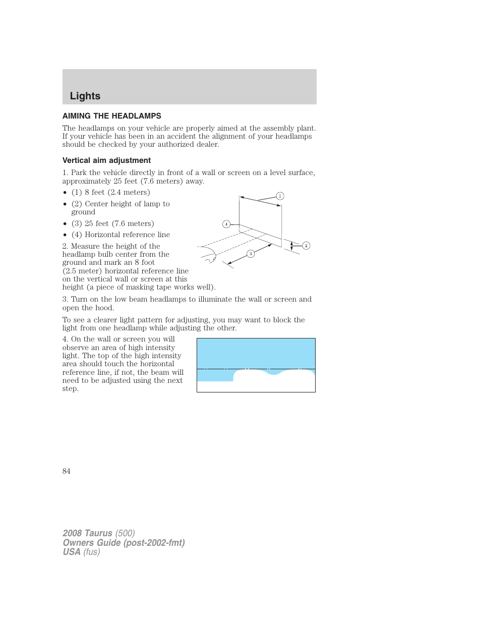 Aiming the headlamps, Vertical aim adjustment, Lights | FORD 2008 Taurus v.3 User Manual | Page 84 / 328