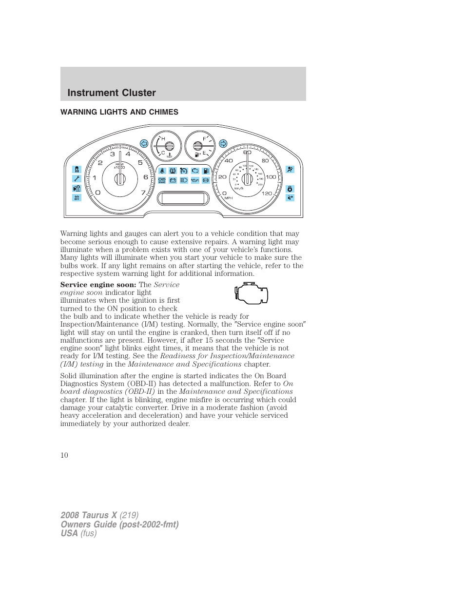 Instrument cluster, Warning lights and chimes | FORD 2008 Taurus X User Manual | Page 10 / 352