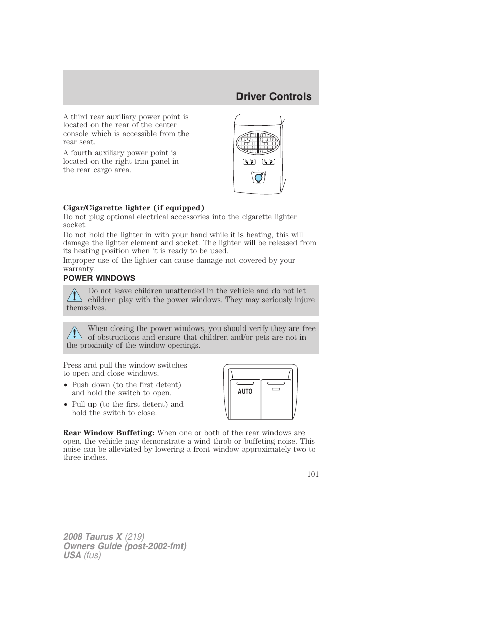 Power windows, Driver controls | FORD 2008 Taurus X User Manual | Page 101 / 352