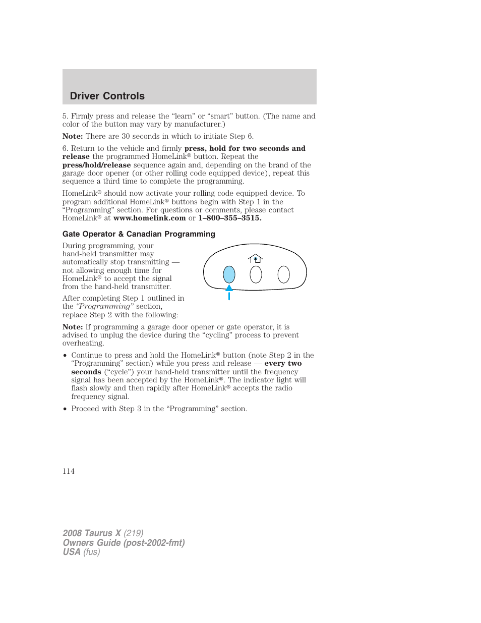 Gate operator & canadian programming, Driver controls | FORD 2008 Taurus X User Manual | Page 114 / 352