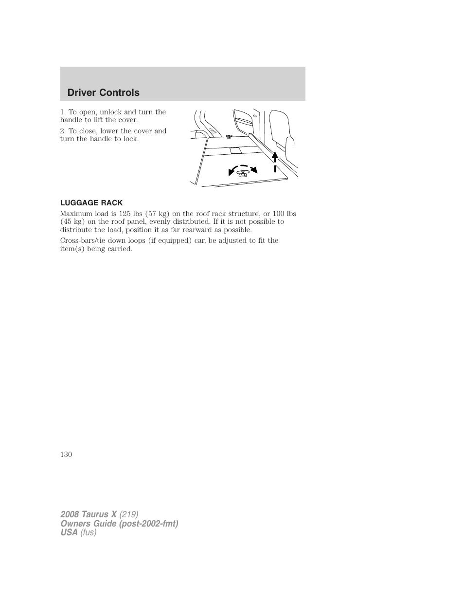 Luggage rack, Driver controls | FORD 2008 Taurus X User Manual | Page 130 / 352