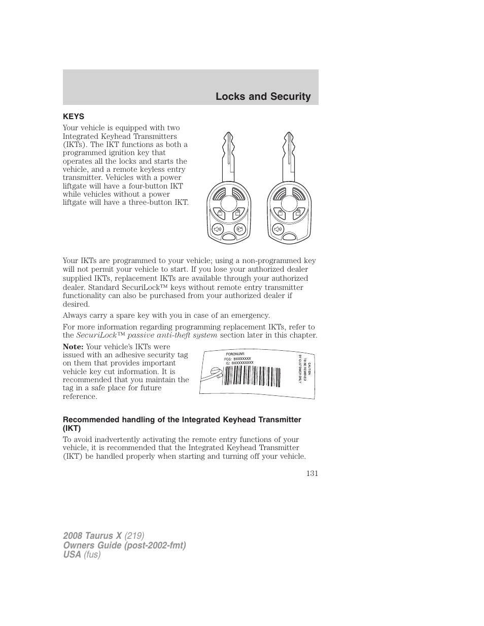 Locks and security, Keys | FORD 2008 Taurus X User Manual | Page 131 / 352