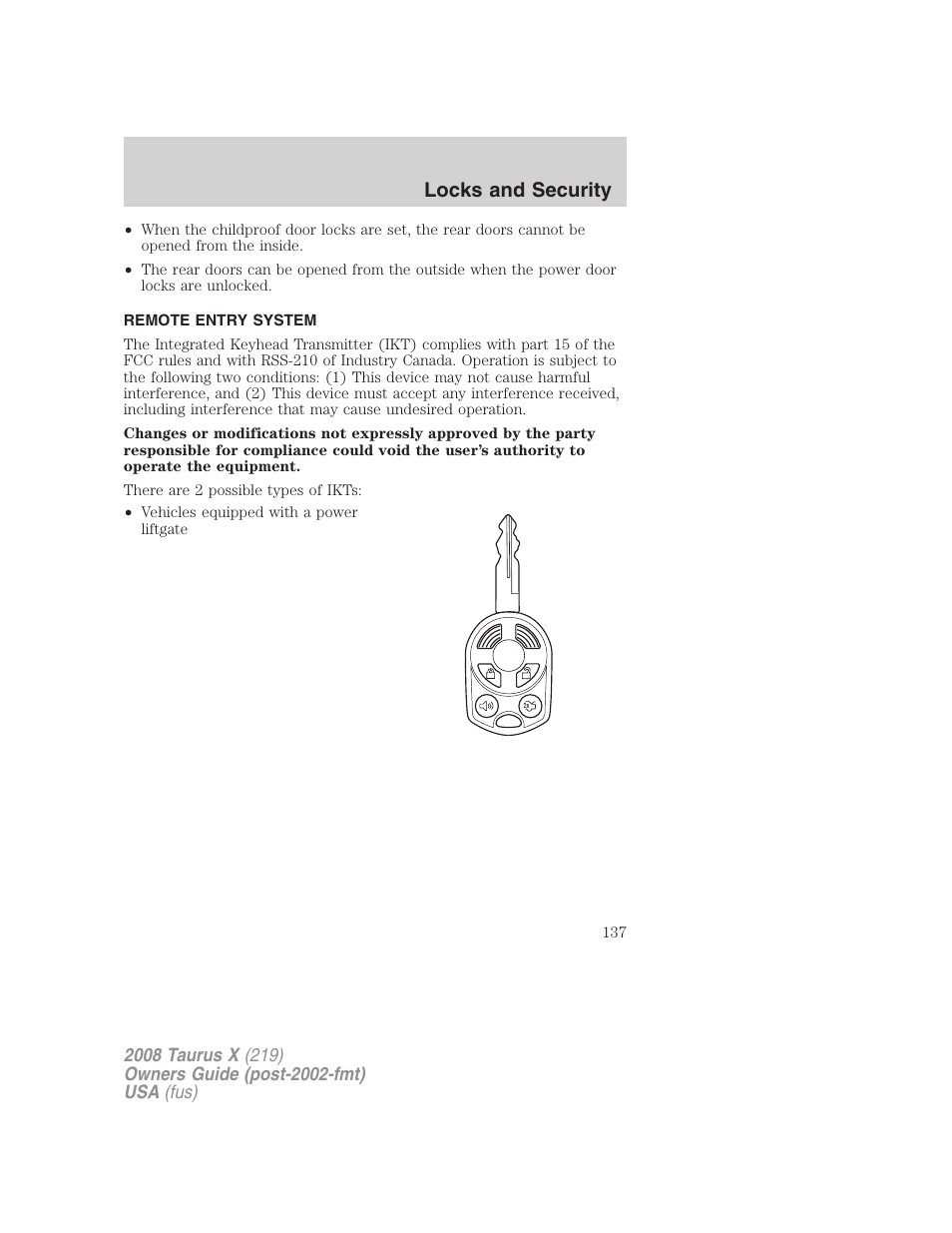 Remote entry system, Locks and security | FORD 2008 Taurus X User Manual | Page 137 / 352