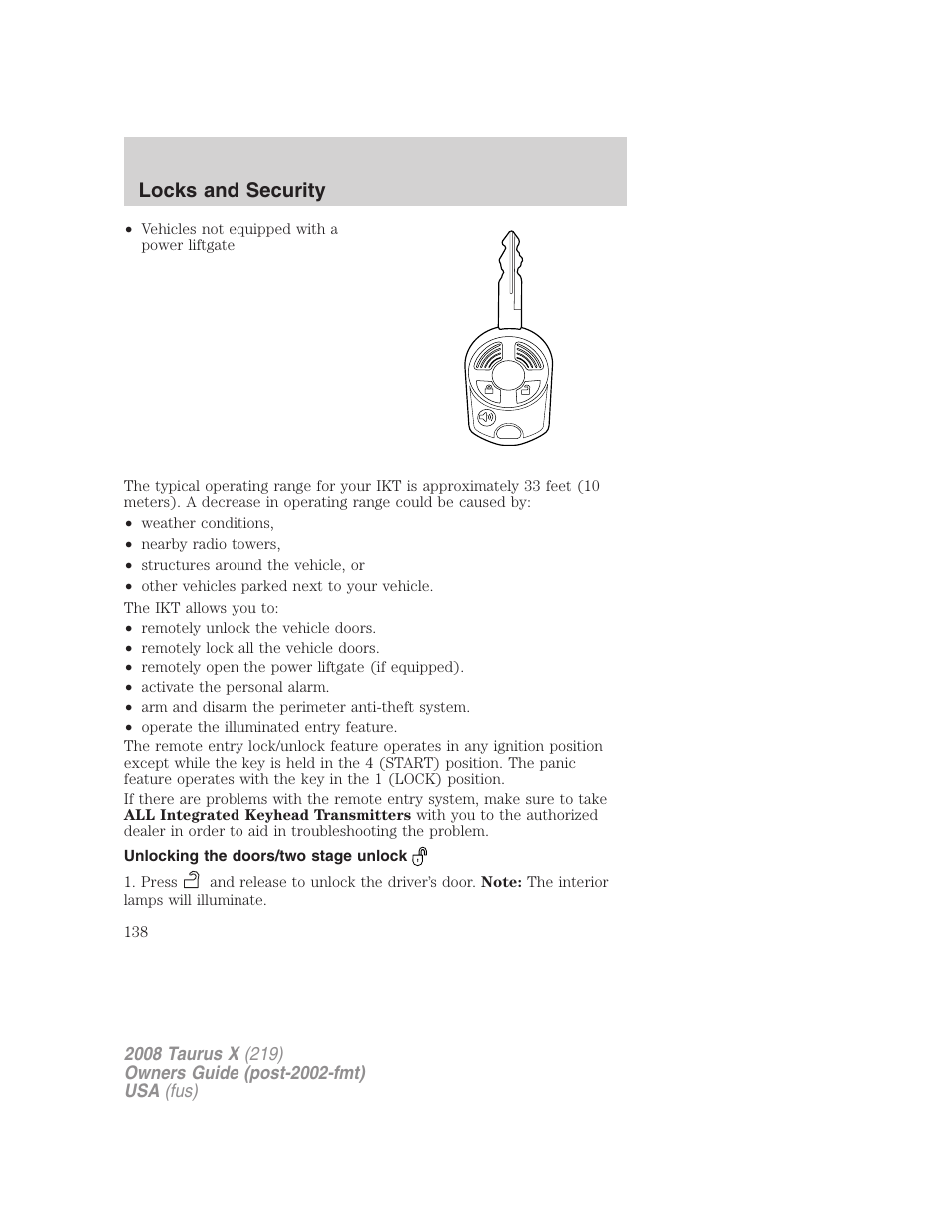 Unlocking the doors/two stage unlock, Locks and security | FORD 2008 Taurus X User Manual | Page 138 / 352