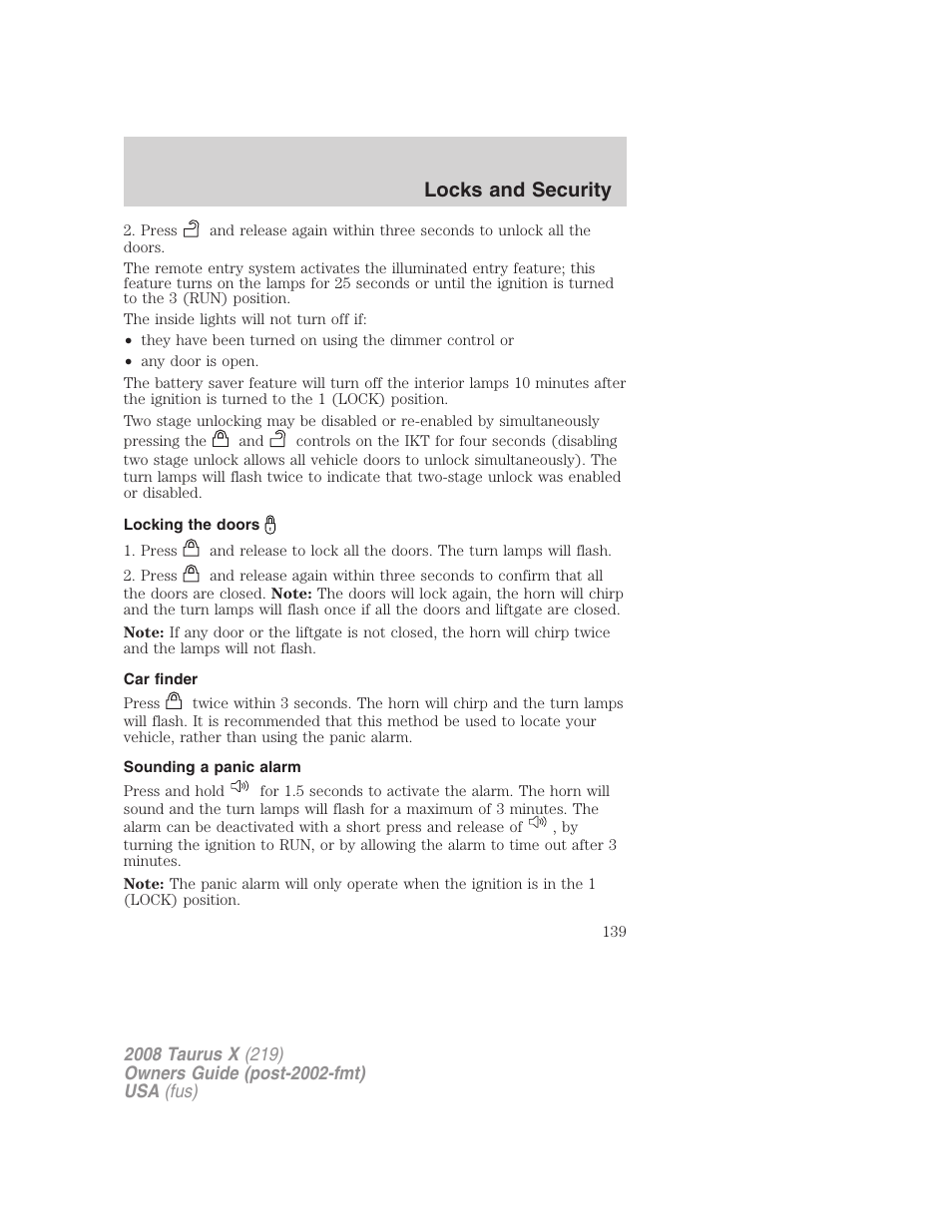 Locking the doors, Car finder, Sounding a panic alarm | Locks and security | FORD 2008 Taurus X User Manual | Page 139 / 352
