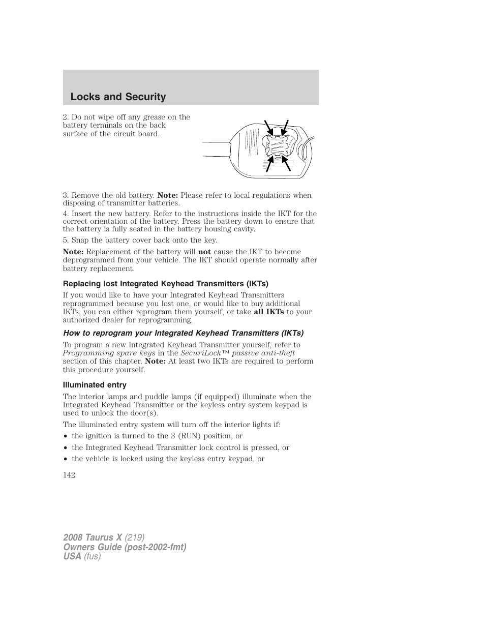 Illuminated entry, Locks and security | FORD 2008 Taurus X User Manual | Page 142 / 352