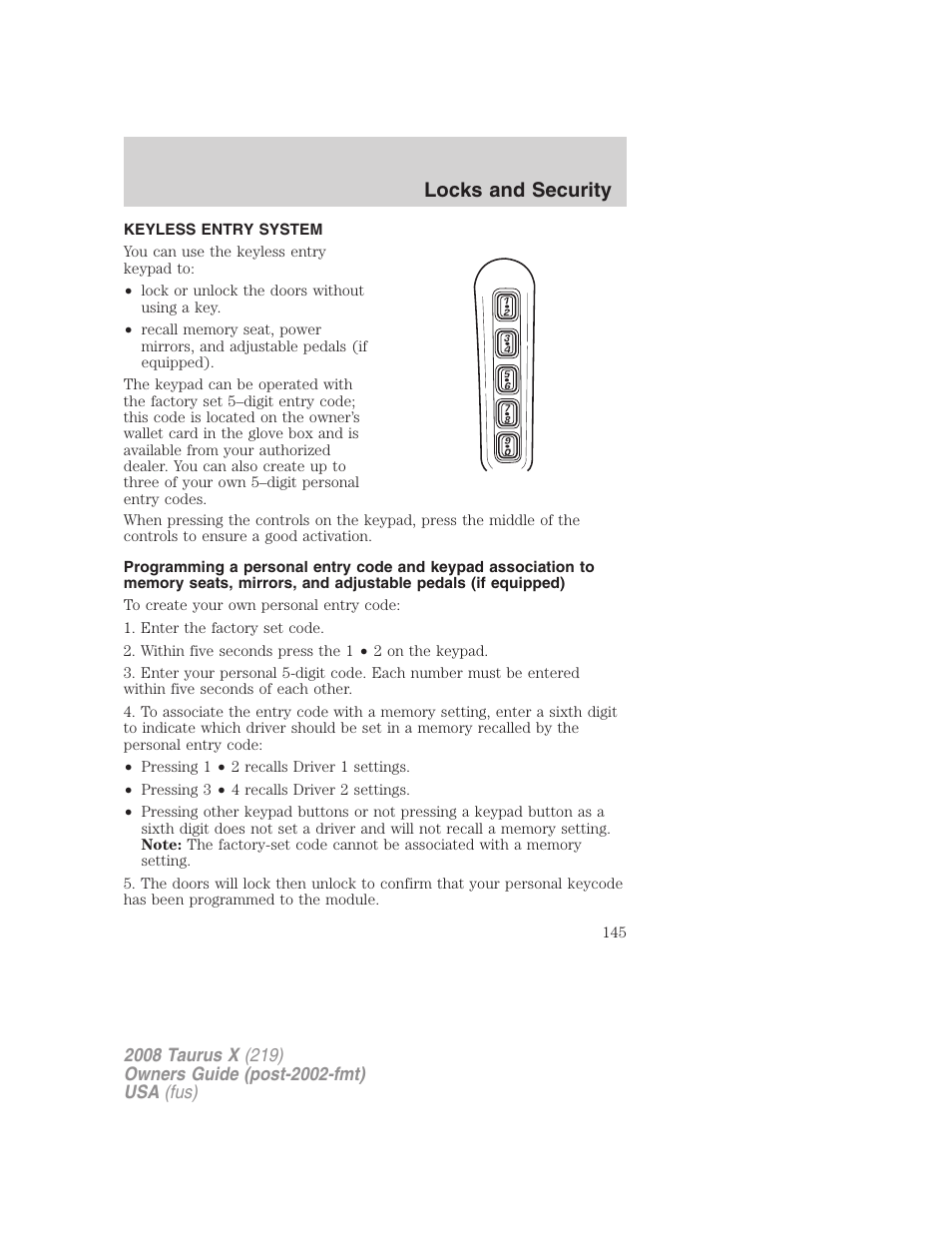 Keyless entry system, Locks and security | FORD 2008 Taurus X User Manual | Page 145 / 352
