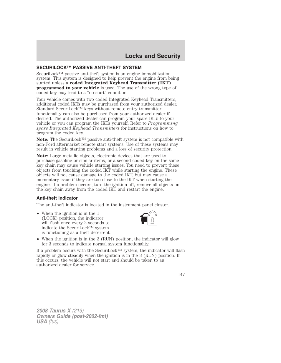 Securilock™ passive anti-theft system, Anti-theft indicator, Anti-theft system | Locks and security | FORD 2008 Taurus X User Manual | Page 147 / 352