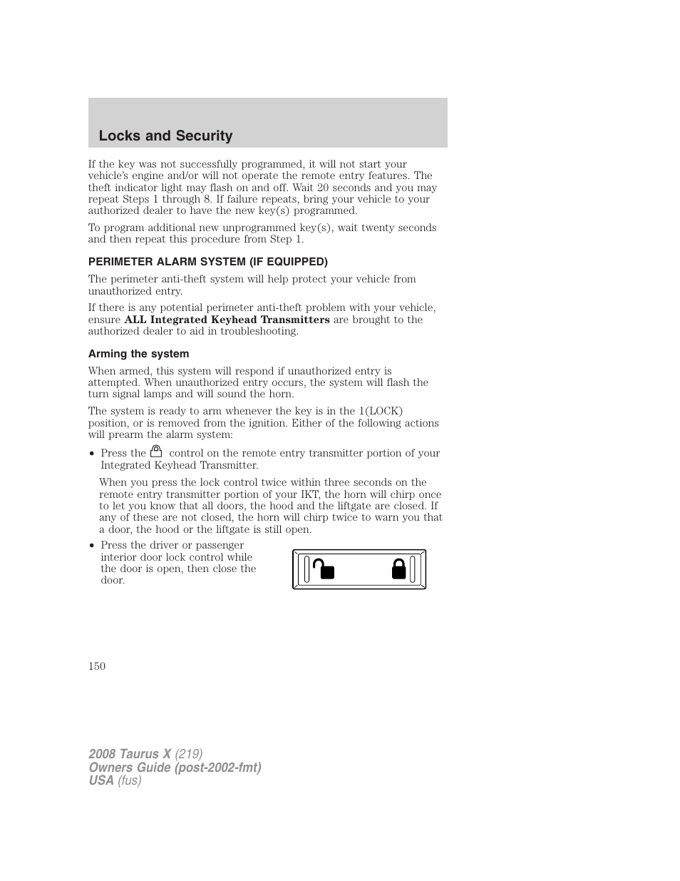 Perimeter alarm system (if equipped), Arming the system, Locks and security | FORD 2008 Taurus X User Manual | Page 150 / 352