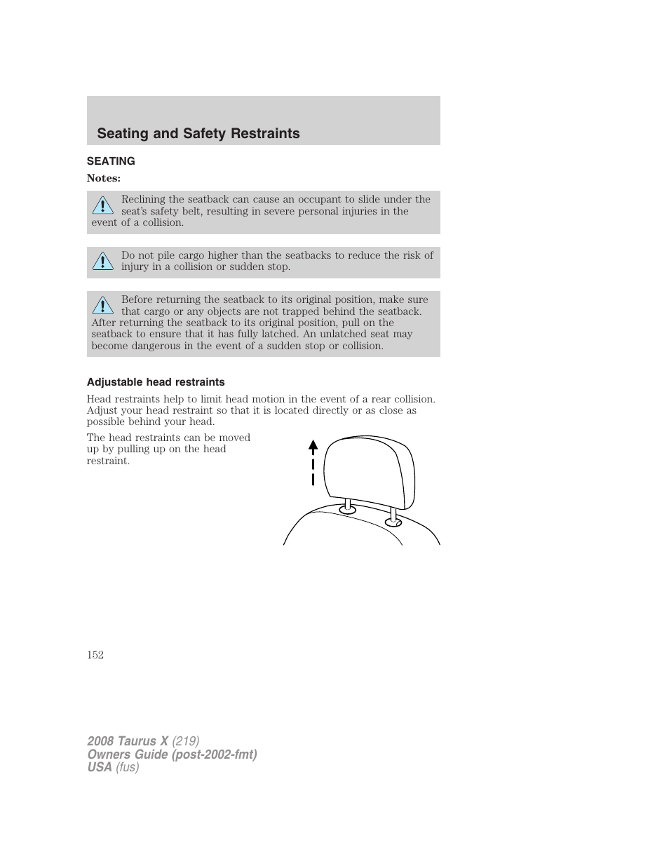 Seating and safety restraints, Seating, Adjustable head restraints | FORD 2008 Taurus X User Manual | Page 152 / 352