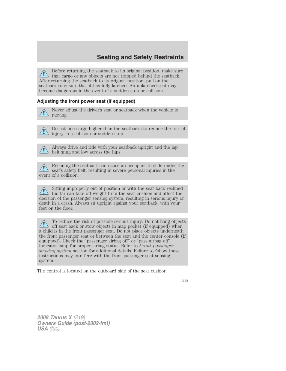 Adjusting the front power seat (if equipped), Seating and safety restraints | FORD 2008 Taurus X User Manual | Page 155 / 352